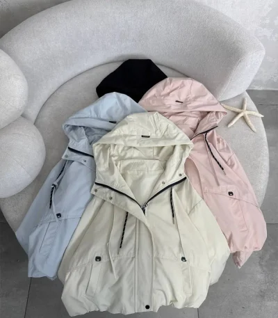 Women's bomber raincoat, free size 38-44, 60 cm length, available in black and cream