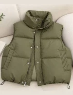 Women's leather puffer vest in white, black, and brown