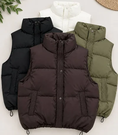 Women's leather puffer vest in white, black, and brown