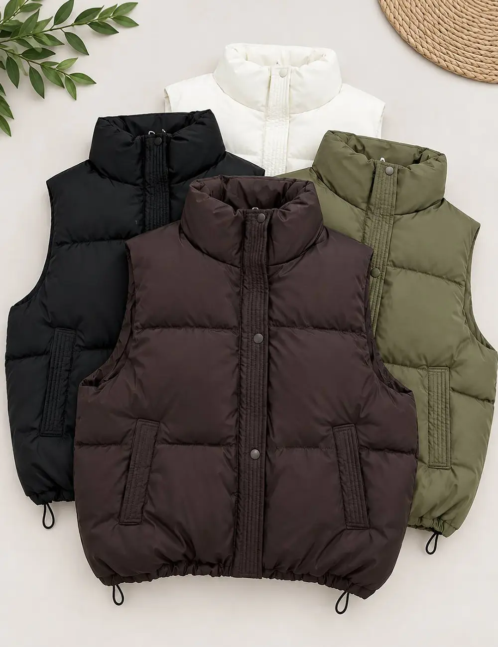 Women's leather puffer vest in white, black, and brown