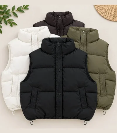 Women's leather puffer vest in white, black, and brown