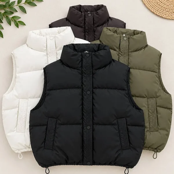 Women's leather puffer vest in white, black, and brown