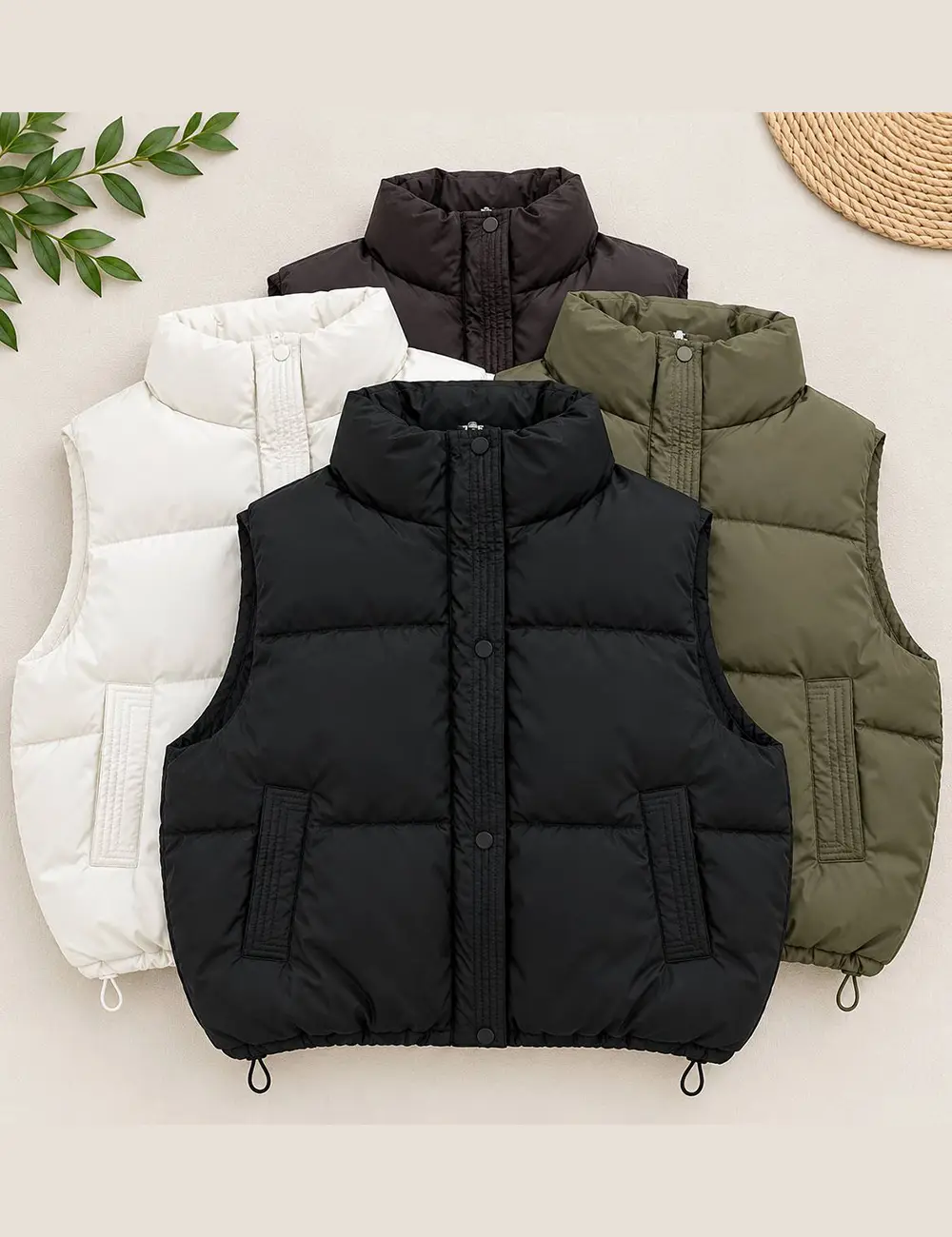 Women's leather puffer vest in white, black, and brown